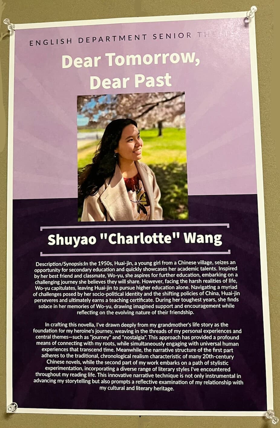 Dear Tomorrow, Dear Past senior thesis poster displayed at Amherst College